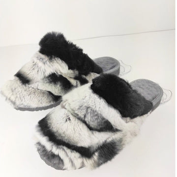Black White Natural Rabbit Fur & Sheepskin Slippers